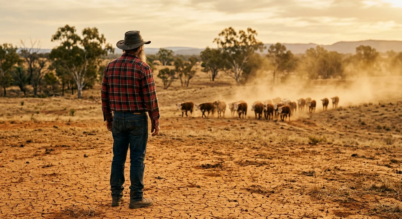 Matt on his land — hat, plaid, boots, watching the mob at golden hour
